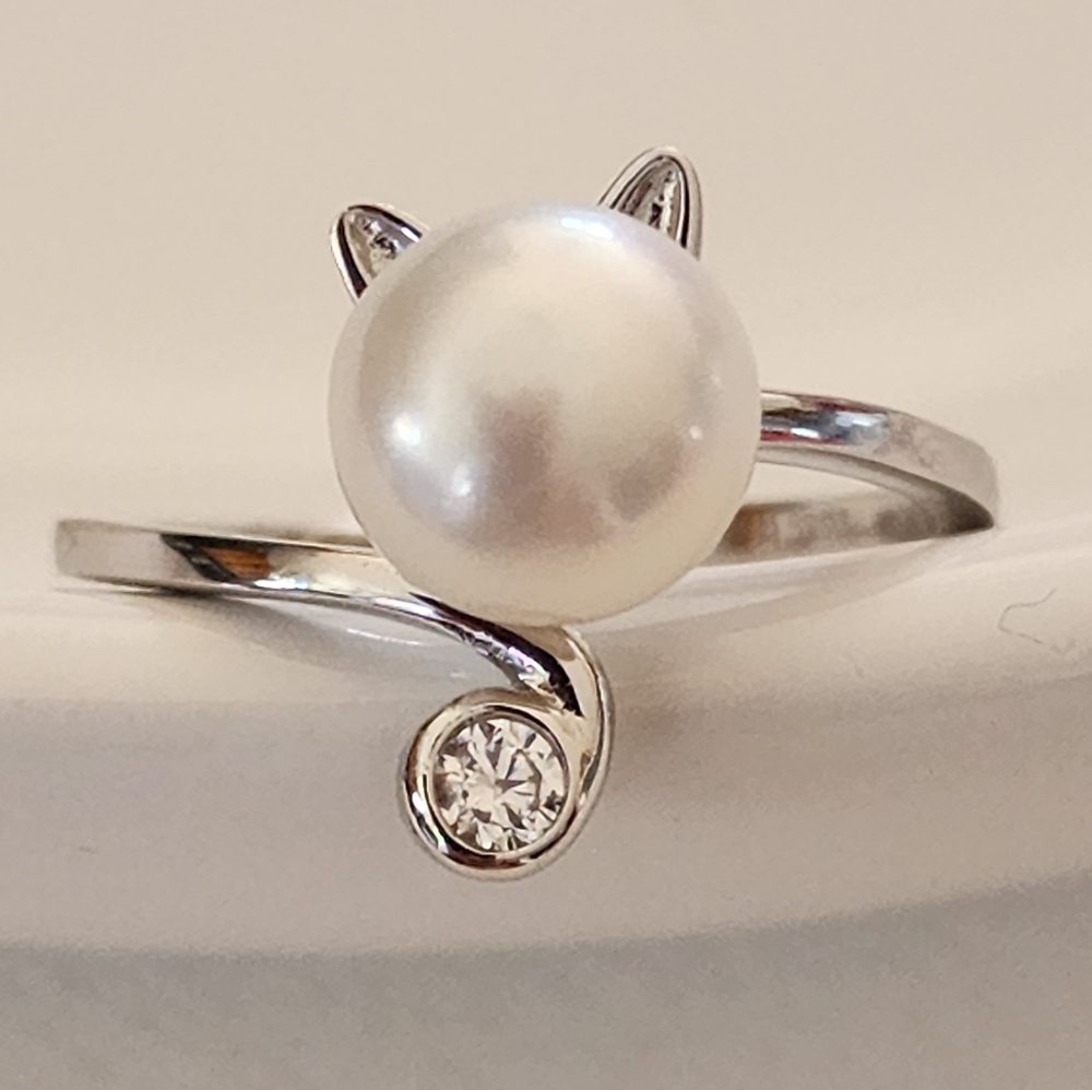 Womens 925S Silver Real 8mm Cultured Freshwater Pearl Cat Shape Ring Adjustable
